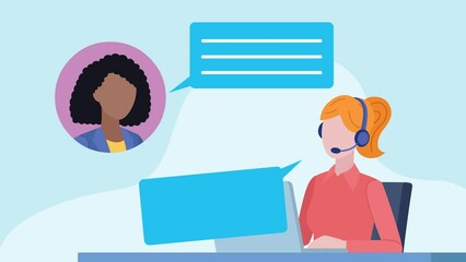 Animation showing a conversation between a customer and technical support. A woman calls technical support to solve a problem. After solving the problem, it rates the service a 5 stars.