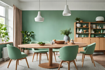 Mint color chairs at round wooden dining table in room with sofa and cabinet near green wall. Scandinavian, mid-century home interior design of modern living room