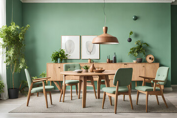 Mint color chairs at round wooden dining table in room with sofa and cabinet near green wall. Scandinavian, mid-century home interior design of modern living room