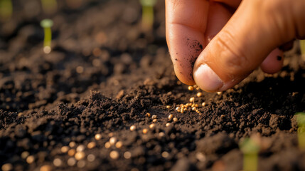 Close up human hand plants a grain in fertile soil among new green shoots. Harvest, gardening, rebirth concept