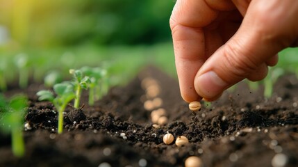 Close up human hand plants a grain in fertile soil among new green shoots. Harvest, gardening, rebirth concept