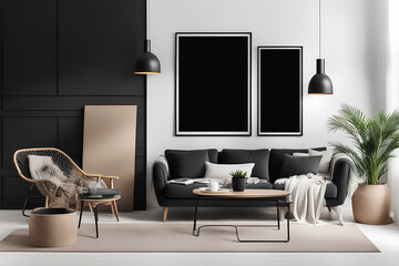 Mockup black poster frame and accessories décor in cozy white interior background 