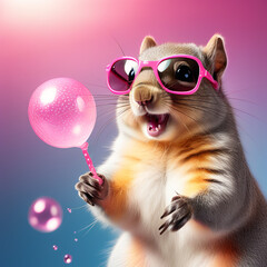 Fototapeta premium squirrel, kangaroo in a denim jacket and pink shirt with pink glasses with a round tasty lollipop on a pink background
