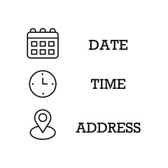 Date, Time, Address or Place Location, hour line icons set, editable stroke isolated on white, linear vector outline illustration, symbol logo design style
