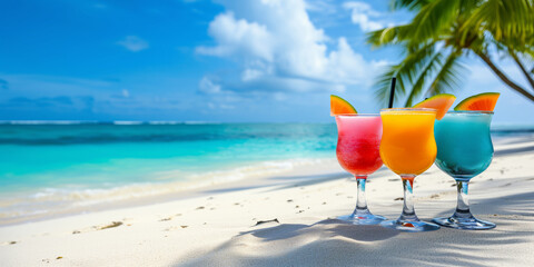 Fresh colorful exotic fruit cocktails on a backdrop of tropical beach. Banner with copy space, alcoholic beverages on palm trees and ocean background.