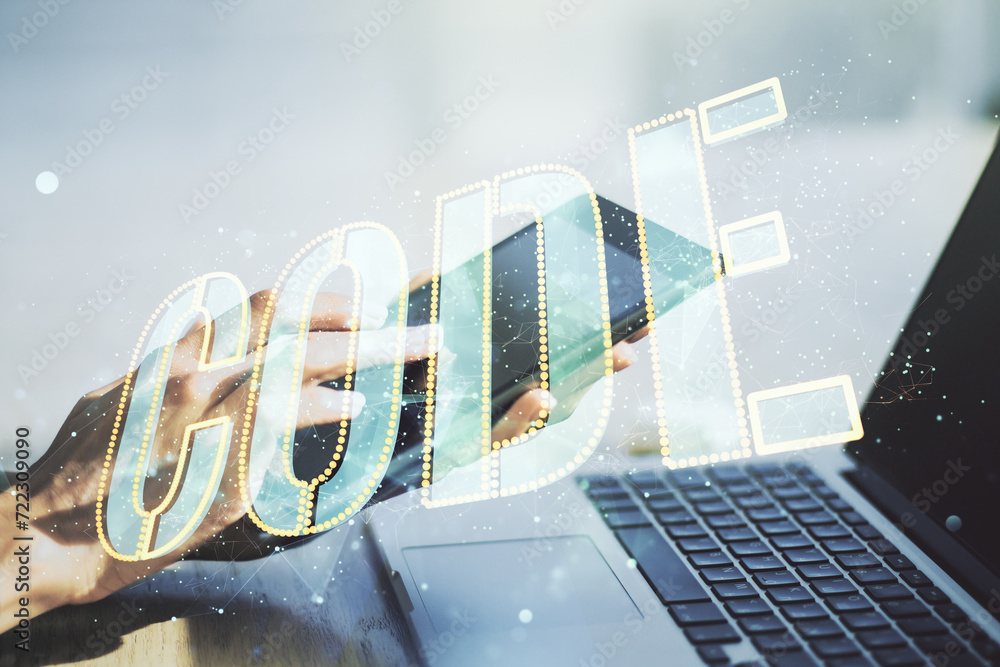 Leinwandbilder creative code word hologram and finger clicks on a digital tablet on background, artificial intellig