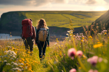 A couple of young hikers with heavy backpacks admiring scenic view of spectacular Irish nature. Breathtaking landscape of Ireland. Hiking by foot. - obrazy, fototapety, plakaty