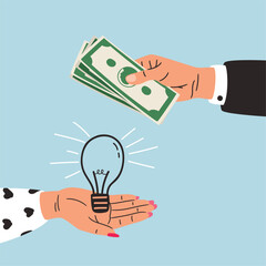 Hand holds a light bulb, hand holds money. Buy idea, investment in innovation business concept