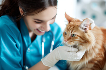 Female vet examining a cat at vet clinic. Pet at veterinarian doctor. Animal clinic. Pet check up and vaccination. Health care.