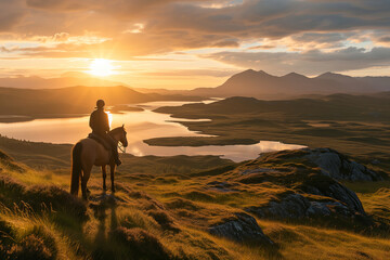 Person riding a horse in beautiful Irish landscape on dramatic sunset. Man admiring scenic view...