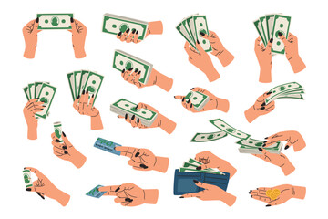 Hands holding money set. Arms with coins, banknotes, bank card, paying, counting. Finance vector illustration