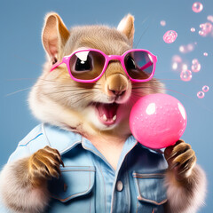 squirrel, kangaroo in a denim jacket and a pink shirt with pink glasses with a round tasty lollipop on a blue background