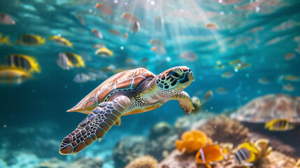 Fototapeta premium Sea turtle surrounded by colorful fish underwater