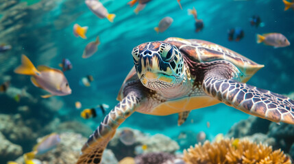 Sea turtle surrounded by colorful fish underwater - obrazy, fototapety, plakaty