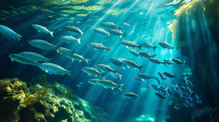 Fototapeta na wymiar School of sardinella fish swimming under water of sea.