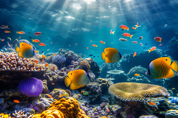 Colorful fish swimming in underwater coral reef landscape. Deep blue ocean with colorful fish and marine life.