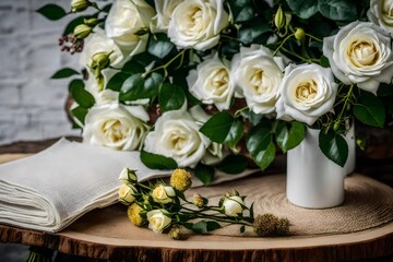 A bouquet of White roses with a little mulberry tree on a sandal