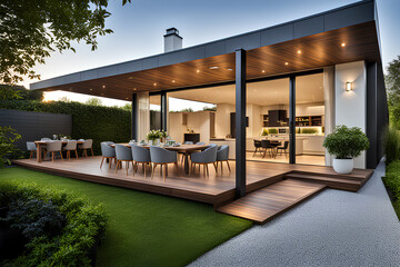 View of luxurious modern house exterior with dining space and garden