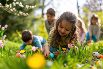 Fototapeta premium Joyful children engage in an Easter egg hunt in a lush garden, with colorful eggs hidden among the vibrant spring grass. 