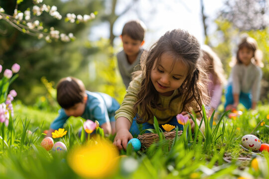 Joyful children engage in an Easter egg hunt in a lush garden, with colorful eggs hidden among the vibrant spring grass.
