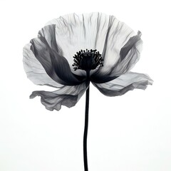 Poppy flower isolated on white background, black and white photo