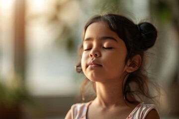 Close up little arabic indian girl sits with her eyes closed relaxingly meditating in the room, children's mental health and relaxation concept