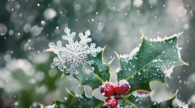 a close up of a holly with snow flakes on it