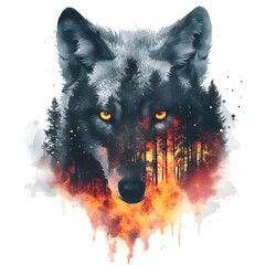 Double exposure of a wolf and burning forest