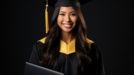 Joyful female graduate holding diploma, celebrating success, isolated on white background
