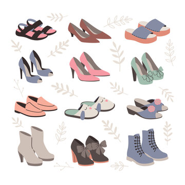 Set of different women shoes, vector illustration on a white background