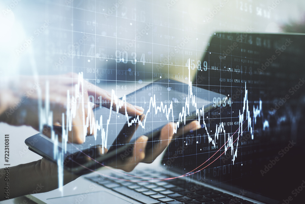 Poster multi exposure of abstract creative financial chart with finger presses on a digital tablet on backg