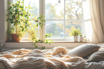 Cozy home bedroom interior with bed, soft blankets and pillows, big windows and house plants on...