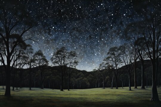 Night landscape with starry sky, eucalyptus trees and grass