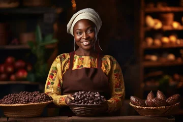 Tuinposter hands hold a plate with cocoa beans. chocolate. cocoa plantation harvests, farm. worker. farming © Al