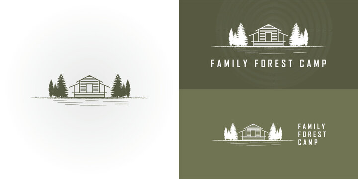 A house in the wood on the lake or cabin rent logo inspired by an illustration of a line art cabin in the forest with pine trees presented with multiple background colors. Forest Cabin Logo Design