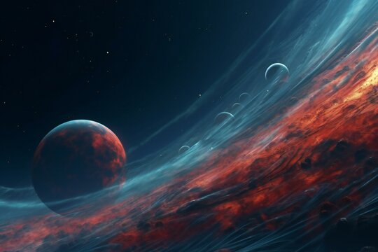 Red planet in space with stars and nebula © Hidden