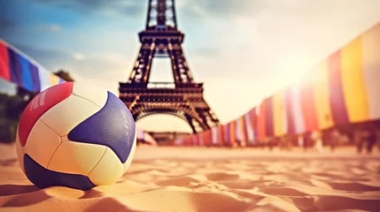 Fotobehang A multi-colored volleyball lies on sand against the backdrop of the Eiffel Tower during sunset, Summer Olympics in 2024 © ximich_natali