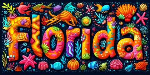 Florida Lettering Decorated with Marine Life and Coral Reefs
