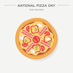 National Pizza Day vector. Whole meat pizza top view icon. Pizza Day clip art, February 9.