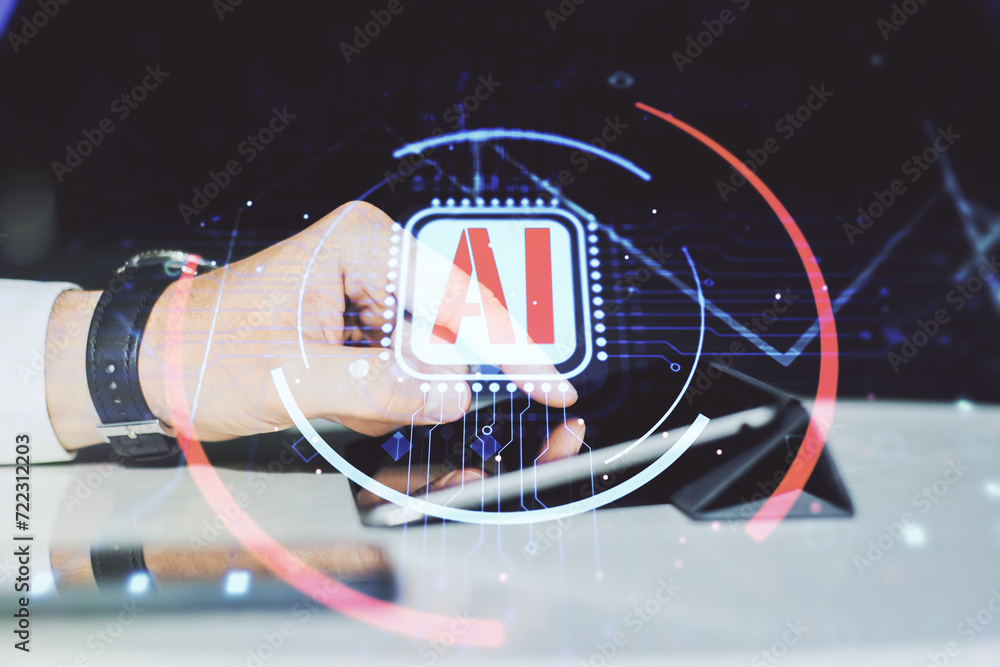 Poster double exposure of creative artificial intelligence abbreviation and hand working with a digital tab