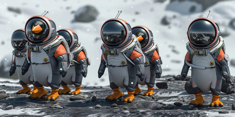 Robotic Penguins on a Lunar Mission: Picture a Squad of Robotic Penguins, Suited Up as Astronauts, Bravely Exploring an Icy Lunar Landscape.