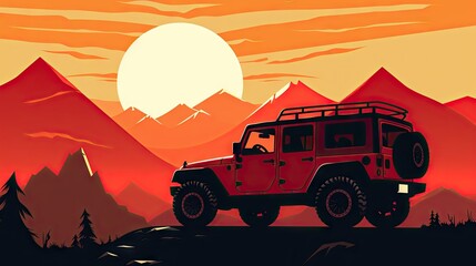 Obraz premium thrill of off-road exploration with a bright red jeep icon in a front view.