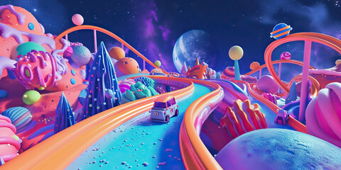 Gravity-Defying Amusement Park: Visualize a Space-Themed Amusement Park Built on an Asteroid, Featuring Rollercoasters That Defy Gravity and Treats Inspired by Candy Nebulas.
