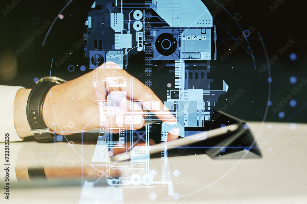 Poster double exposure of creative artificial intelligence symbol with finger clicks on a digital tablet on