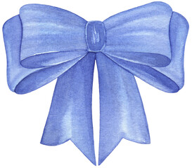 Watercolor blue bow isolated on white background. Hand drawn collection of illustrations