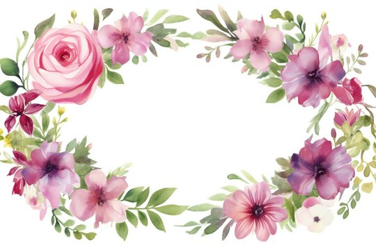 Watercolor floral wreath with pink flowers and green leaves isolated on white background