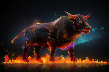 Fototapeta premium illustration of neon bull like symbol representing financial market trends, crypto currency market