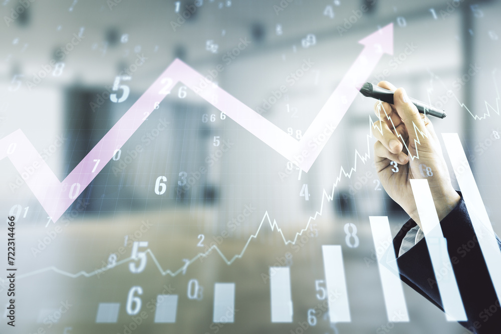 Poster man hand with pen working with abstract virtual financial graph and upward arrow on blurred office b