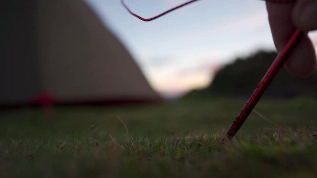 Shallow focus view of a person pushing in a tent peg with his boot