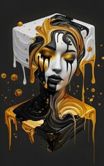 A white, black, blue, red, and gold surrealistic person melting watercolor paint